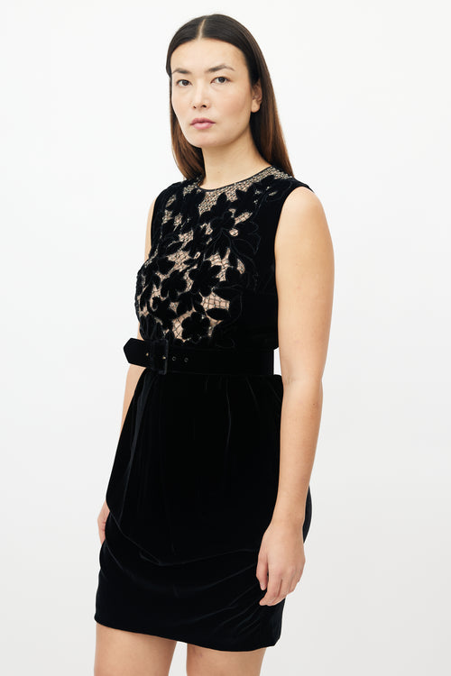 Valentino Black Velvet Floral Embellished Dress