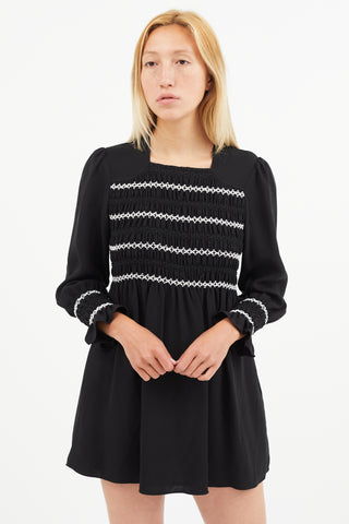 Red Valentino Black 
White Silk Embroidered Smocked Dress