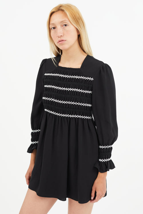 Red Valentino Black 
White Silk Embroidered Smocked Dress