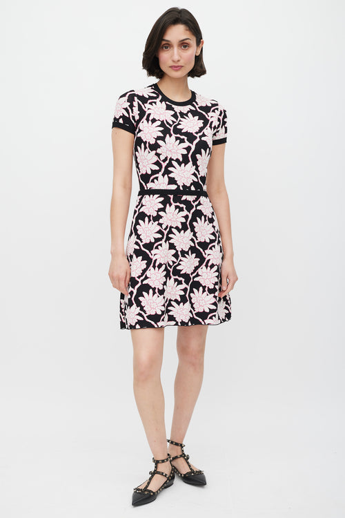 Valentino Black White 
Pink Floral Knit Dress