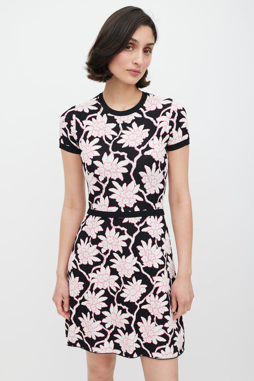 Valentino Black White 
Pink Floral Knit Dress