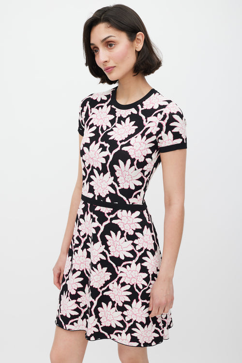 Valentino Black White 
Pink Floral Knit Dress