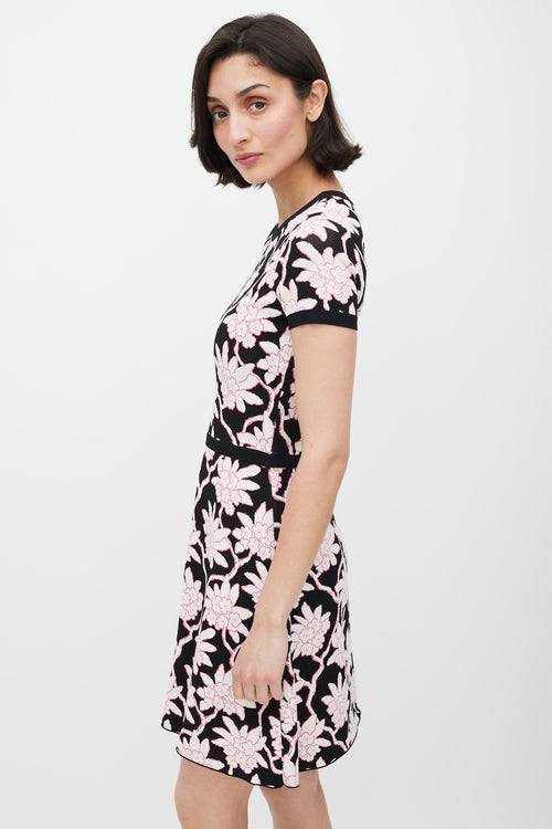 Valentino Black White 
Pink Floral Knit Dress