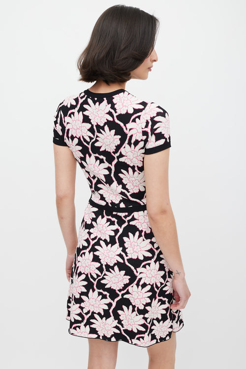 Valentino Black White 
Pink Floral Knit Dress