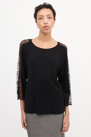 Valentino Black Wool Floral Lace Panel Sweater