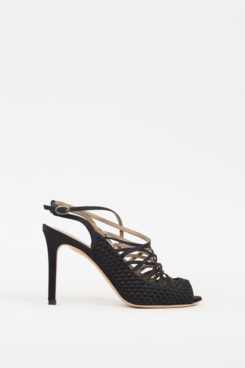 Valentino Black Satin Woven 
Strappy Caged Heel