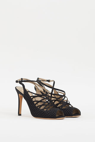 Valentino Black Satin Woven 
Strappy Caged Heel