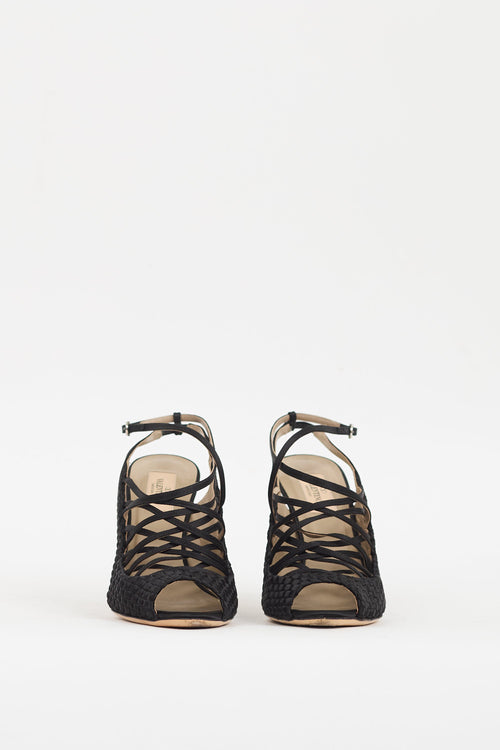 Valentino Black Satin Woven 
Strappy Caged Heel