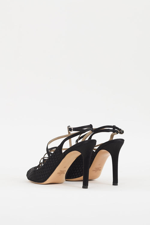 Valentino Black Satin Woven 
Strappy Caged Heel