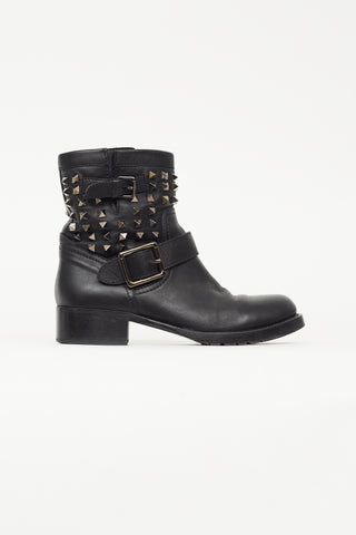 Valentino Black Leather Rockstud Moto Ankle Boot