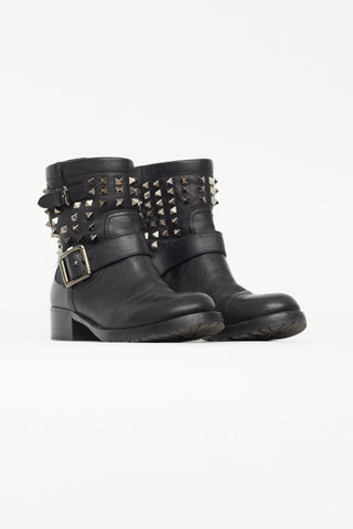 Valentino Black Leather Rockstud Moto Ankle Boot