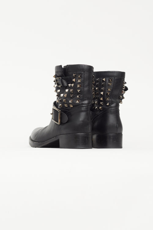 Valentino Black Leather Rockstud Moto Ankle Boot