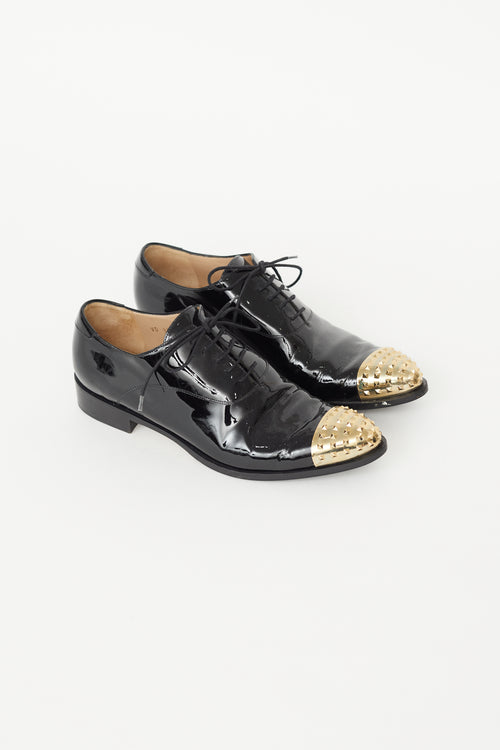 Valentino Black Patent 
Gold Rockstud Loafer