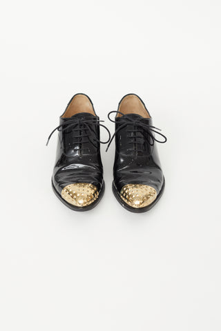 Valentino Black Patent 
Gold Rockstud Loafer