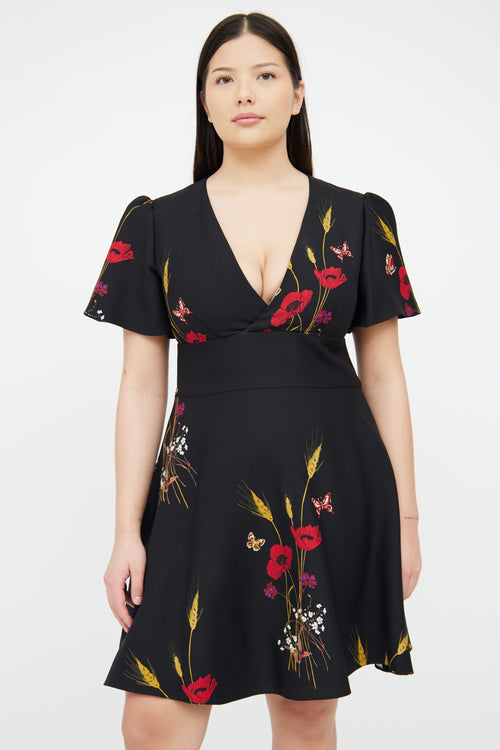 Valentino Black Floral Short Sleeve  Dress