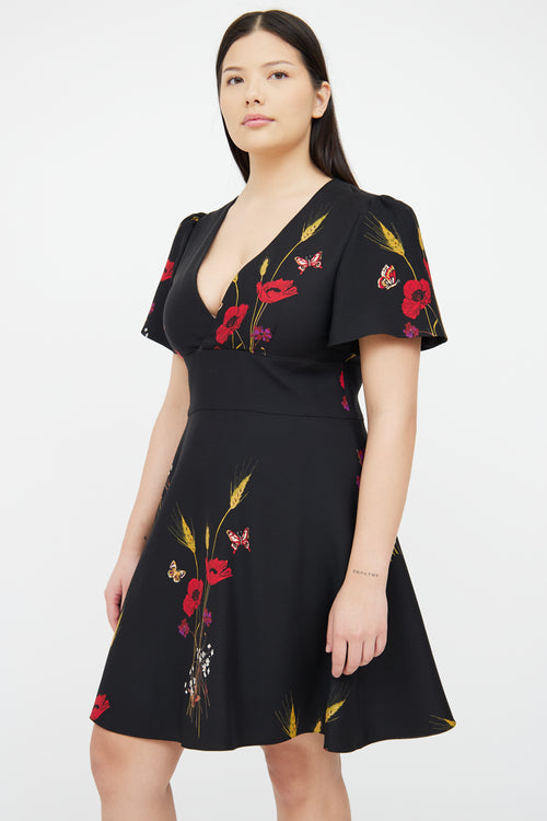 Valentino Black Floral Short Sleeve  Dress