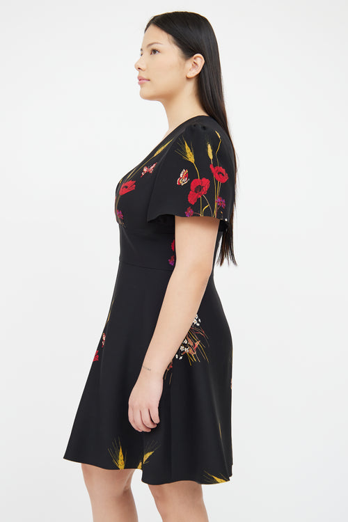 Valentino Black Floral Short Sleeve  Dress