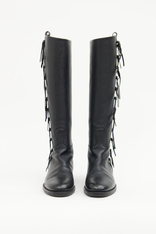 Valentino Black Leather Fringe Riding Boot