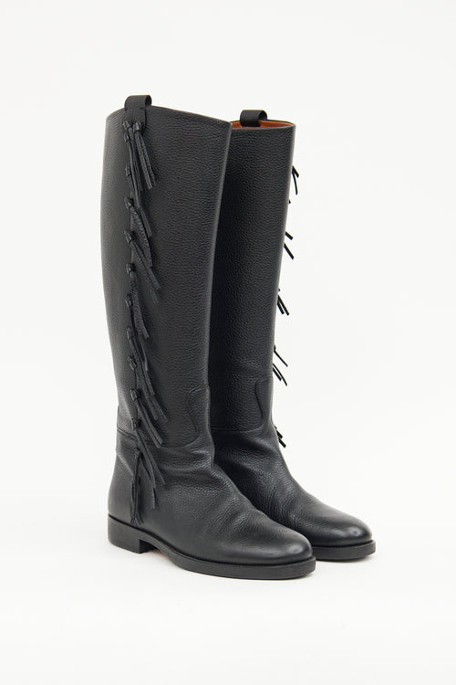 Valentino Black Leather Fringe Riding Boot