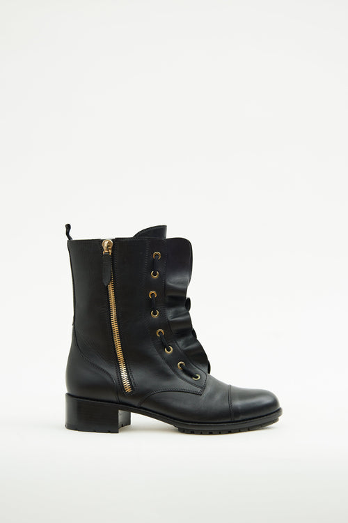 Valentino Black Leather Ruffle Combat Boot