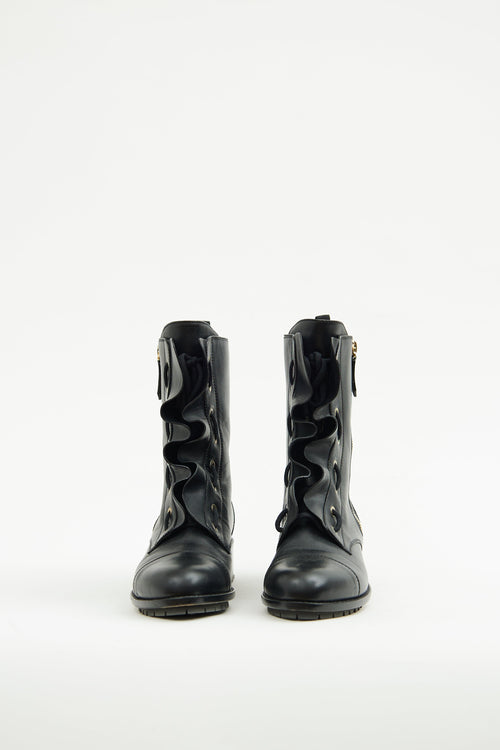 Valentino Black Leather Ruffle Combat Boot