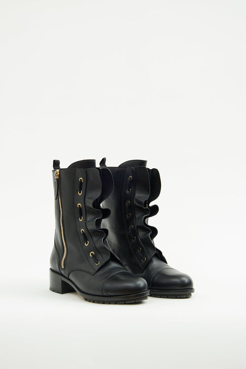 Valentino Black Leather Ruffle Combat Boot