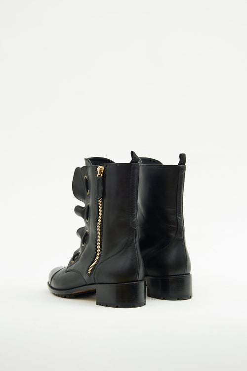 Valentino Black Leather Ruffle Combat Boot