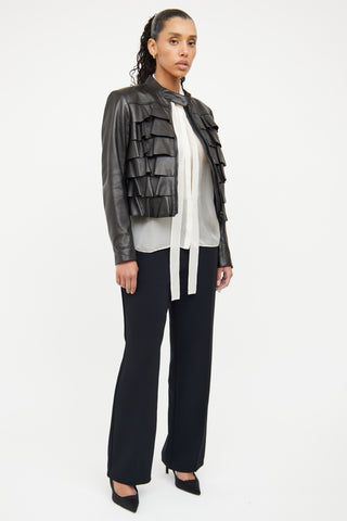 Valentino Black Leather Ruffled Jacket