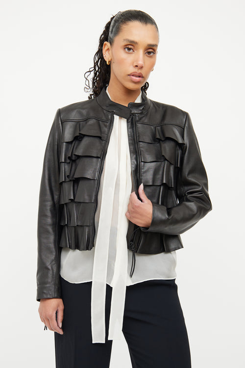 Valentino Black Leather Ruffled Jacket