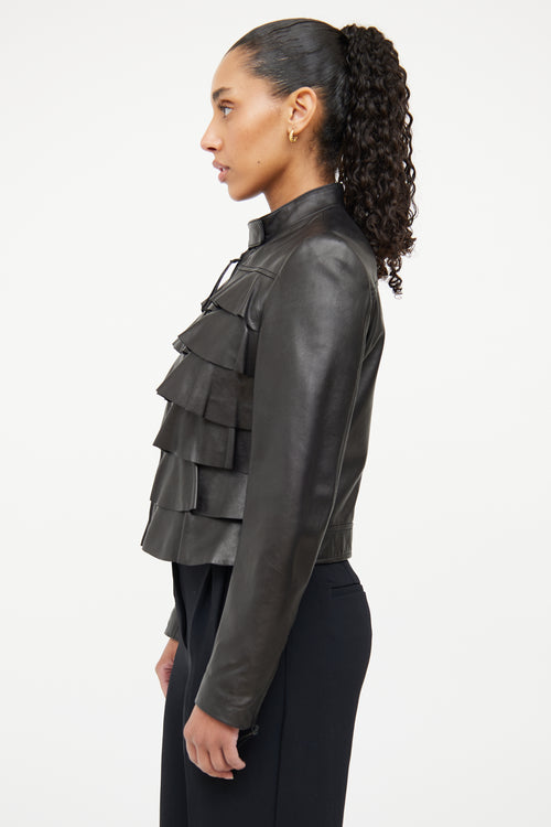 Valentino Black Leather Ruffled Jacket