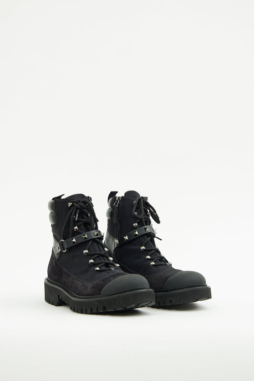 Valentino Black Suede Rockstud Combat Boot