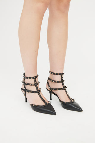 Valentino Black Leather Rockstud Cage Heel