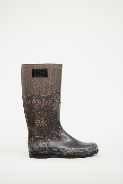 Valentino Black 
Beige Lace Print Rain Boot