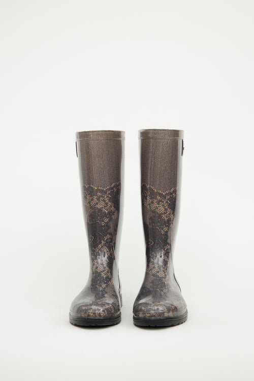 Valentino Black 
Beige Lace Print Rain Boot