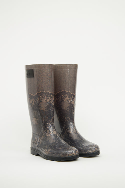 Valentino Black 
Beige Lace Print Rain Boot