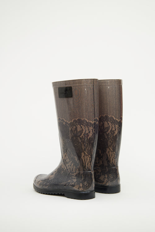 Valentino Black 
Beige Lace Print Rain Boot