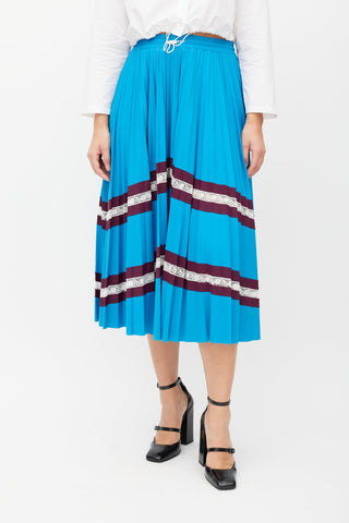 Valentino Blue 
Burgundy Stripe Pleated Skirt