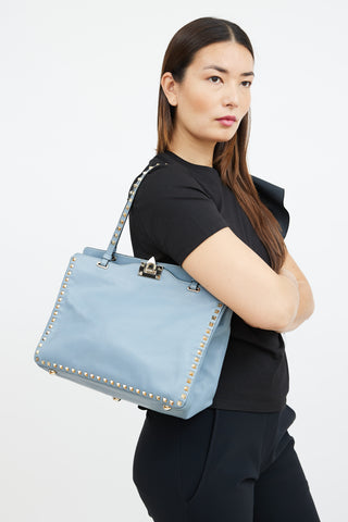 Valentino Blue Leather Rockstud Trapeze Tote Bag