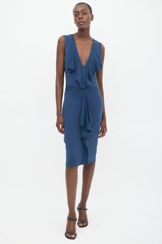 Valentino Blue Sleeveless Draped V-Neck Midi Dress