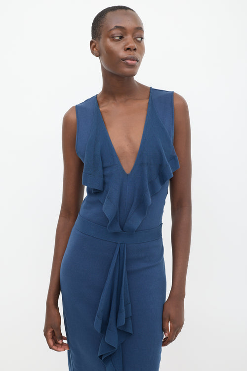 Valentino Blue Sleeveless Draped V-Neck Midi Dress