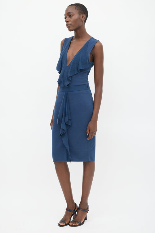 Valentino Blue Sleeveless Draped V-Neck Midi Dress