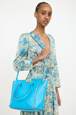 Valentino Blue Leather Rockstud Trapeze Tote