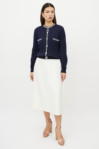 Valentino Blue 
White Two Pocket Striped Trim Cardigan