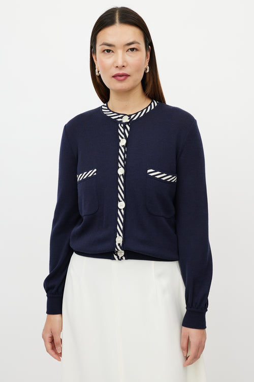 Valentino Blue 
White Two Pocket Striped Trim Cardigan