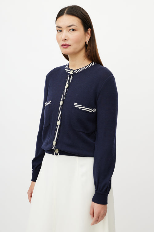 Valentino Blue 
White Two Pocket Striped Trim Cardigan