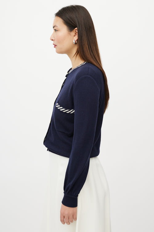 Valentino Blue 
White Two Pocket Striped Trim Cardigan