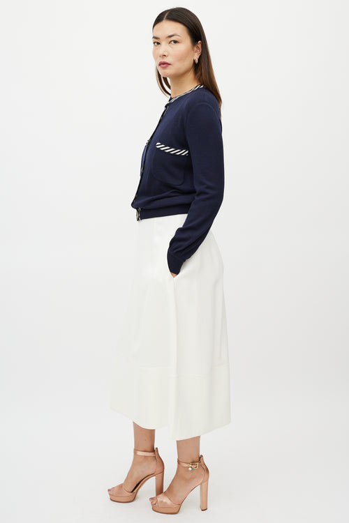 Valentino Blue 
White Two Pocket Striped Trim Cardigan