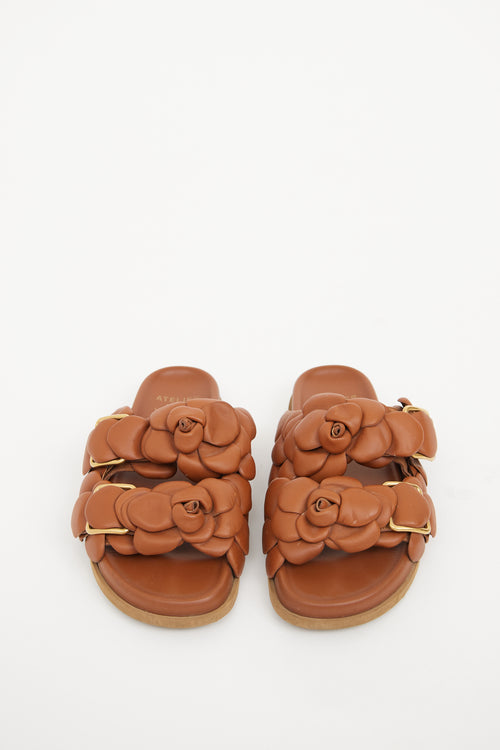 Valentino Brown Leather Flower Applique Slide