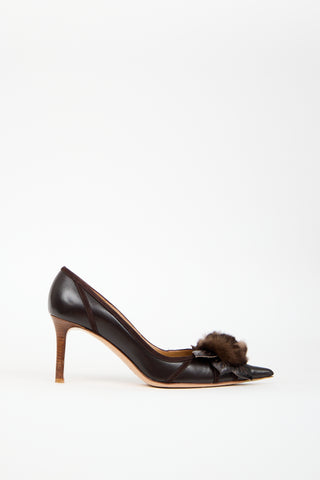 Valentino Brown Leather 
Fur Flower Pump