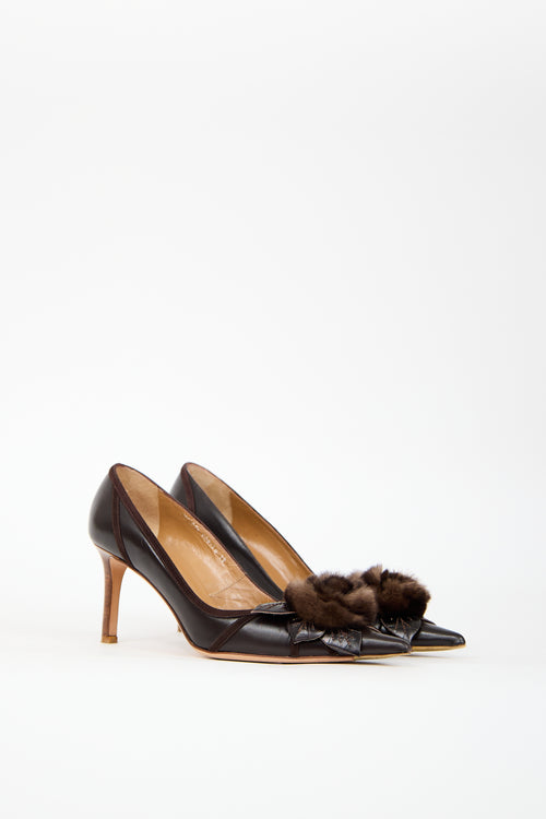 Valentino Brown Leather 
Fur Flower Pump